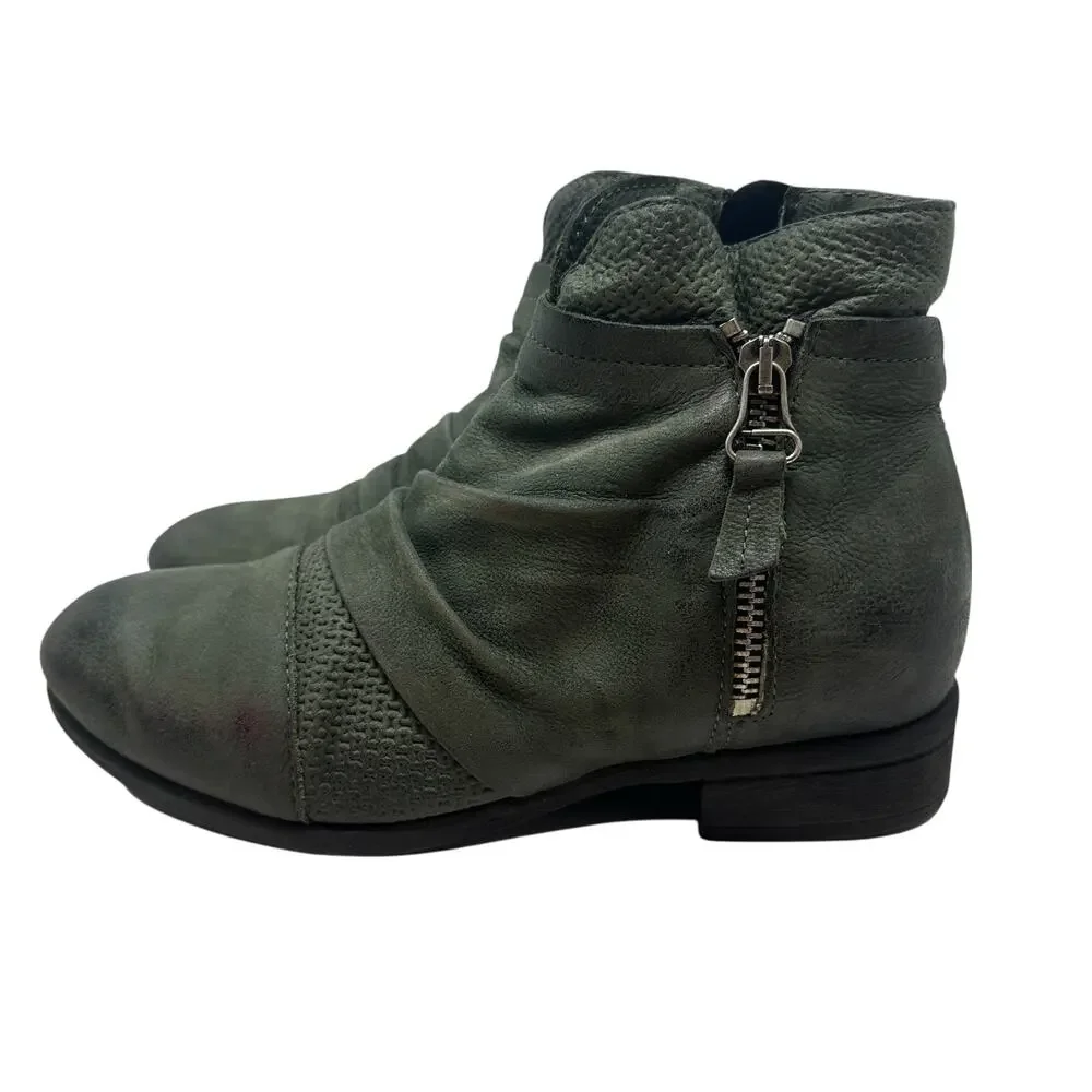 Miz Mooz Sunny Green Leather‎ Ankle Booties Boots Ruched Zip EU 36 US 6 Womens